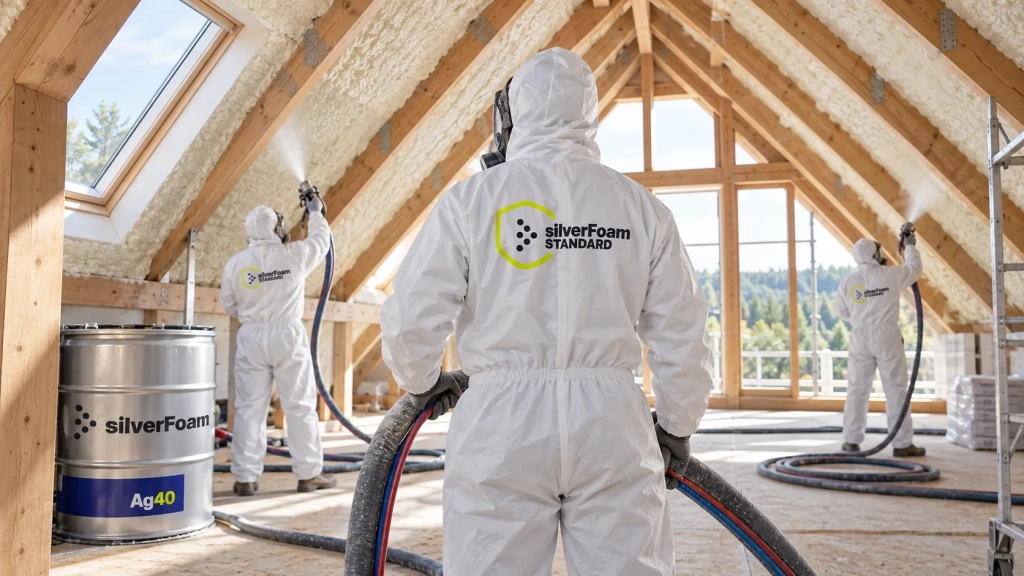 Zespół aplikatorów silverFoam wykonujący izolację poddasza pianą PUR
